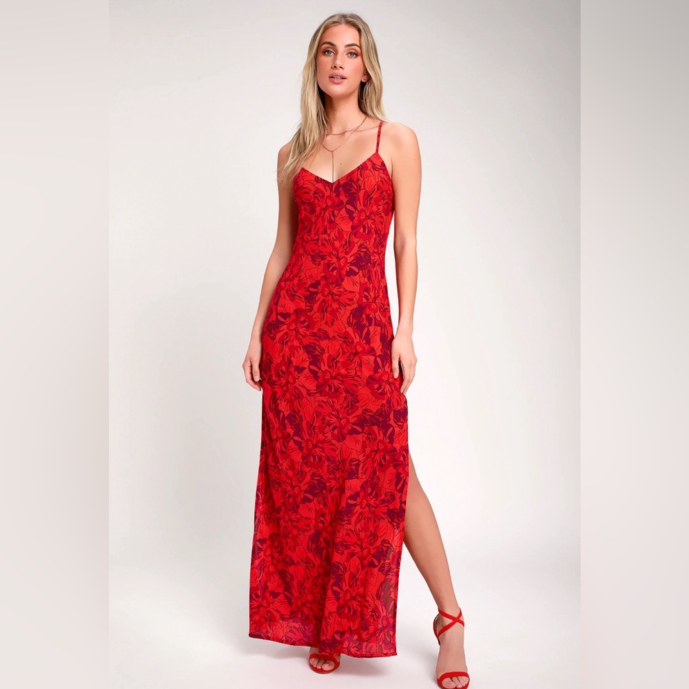 Lulus Sunset The Mood Red Multi Floral Print Lace-Up Maxi Dress